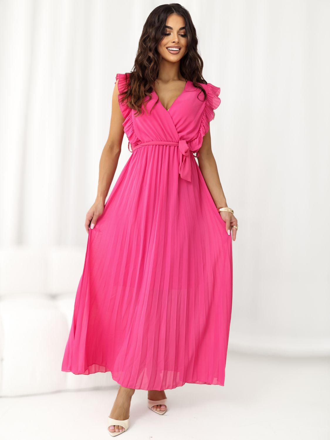 Rochie midi evazată cu curea, roz închis