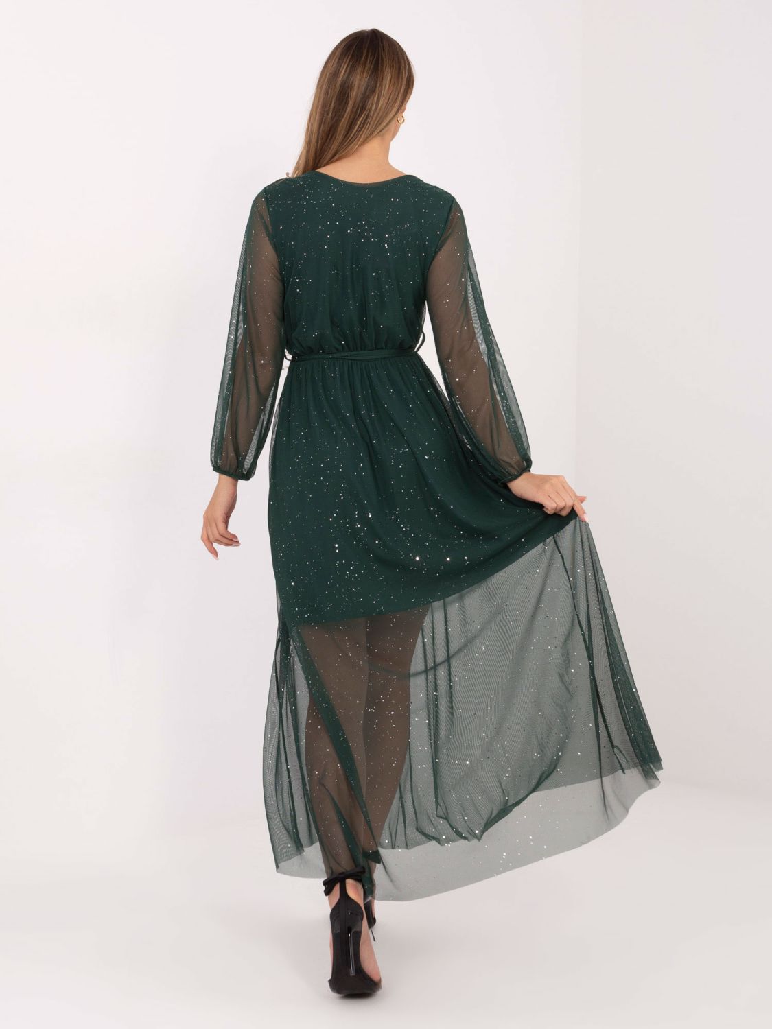 Rochie maxi elegantă cu aplicație și curea, verde închis