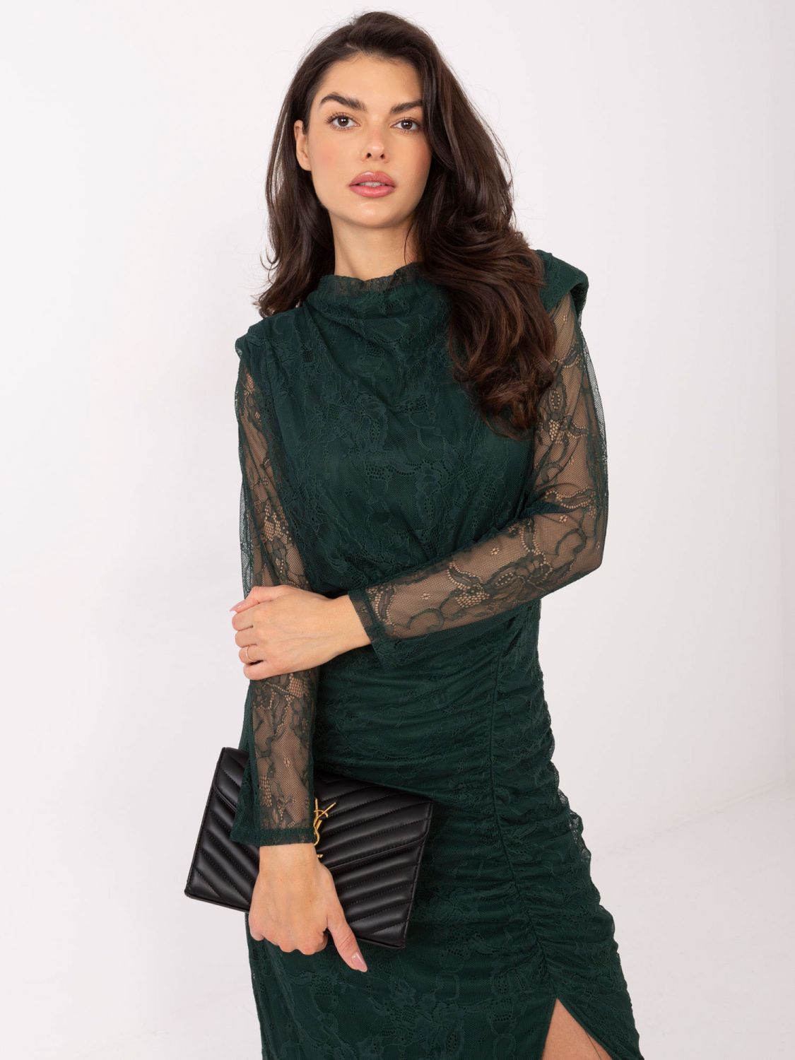Rochie midi elegantă, tip creion, verde închis, cu dantelă