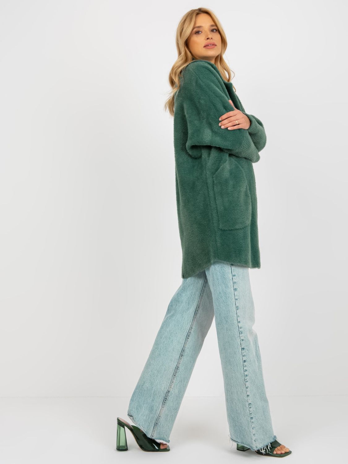 Palton lejer verde închis din alpaca cu buzunare
