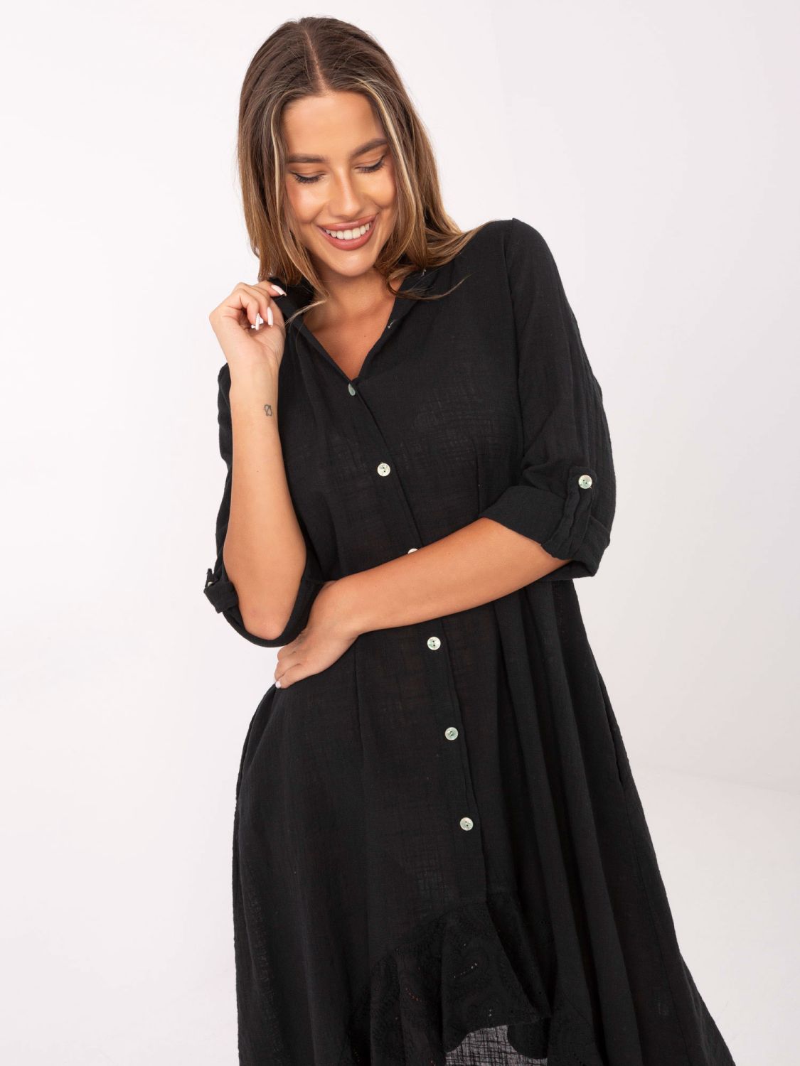 Rochie asimetrică neagră cu mâneci 3/4