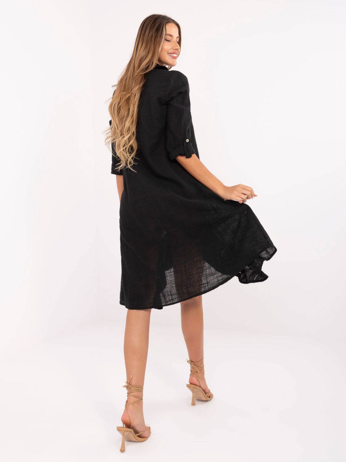 Rochie asimetrică neagră cu mâneci 3/4
