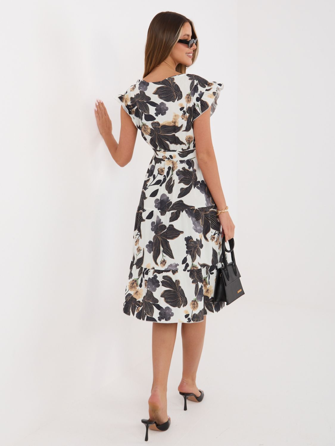 Rochie midi neagră cu imprimeu și curea