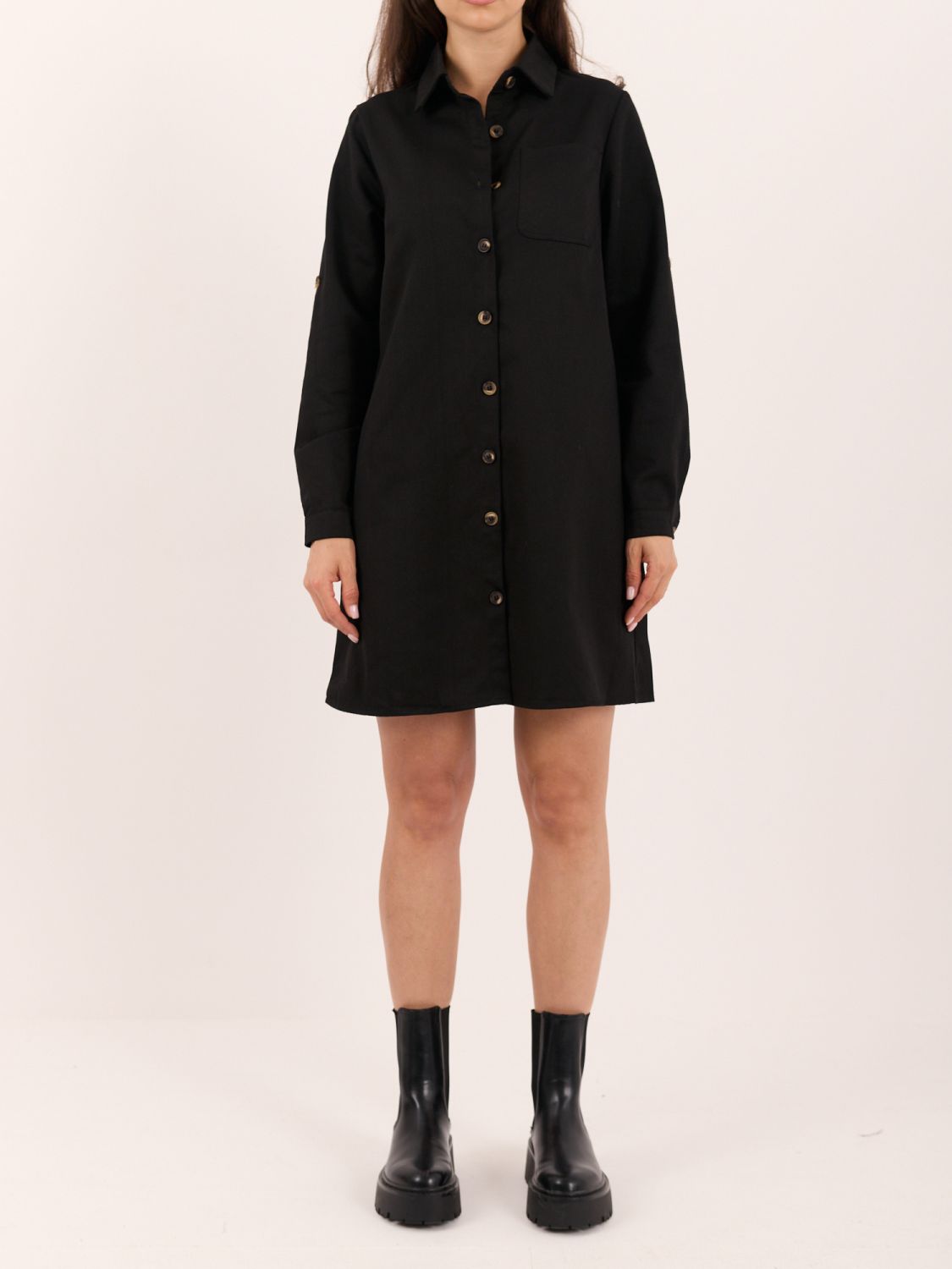 Rochie mini tip cămașă neagră cu mâneci lungi