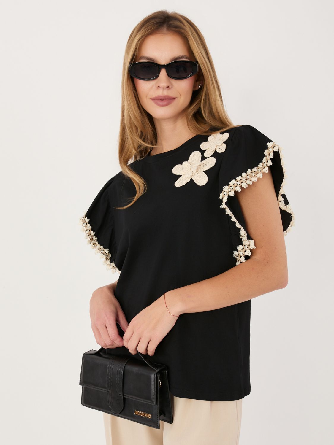 Bluză neagră din bumbac cu aplicație