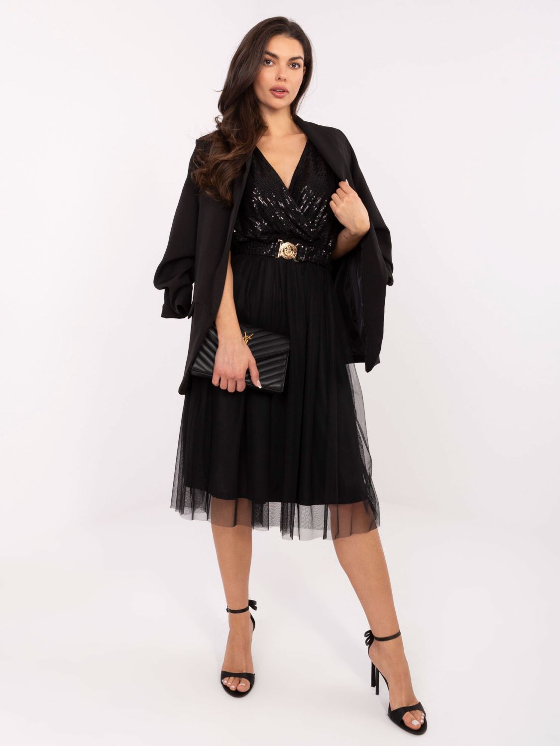 Rochie midi neagră cu curea și aplicație cu paiete