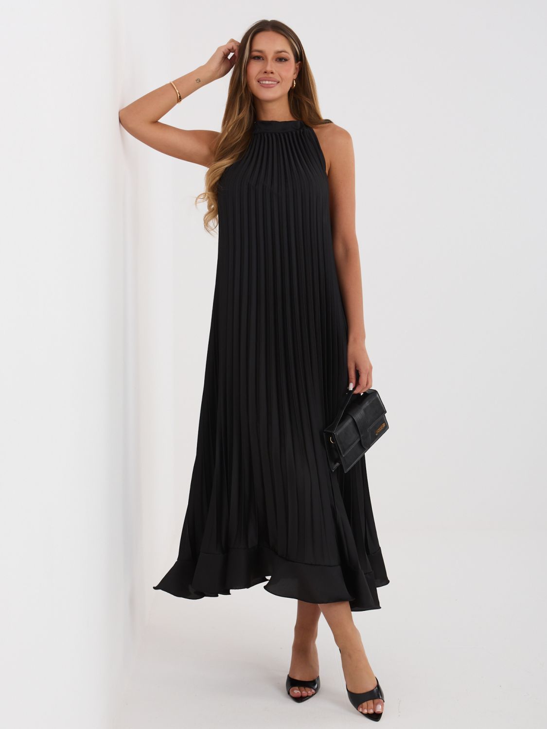 Rochie midi de cocktail neagră cu cordon și volan