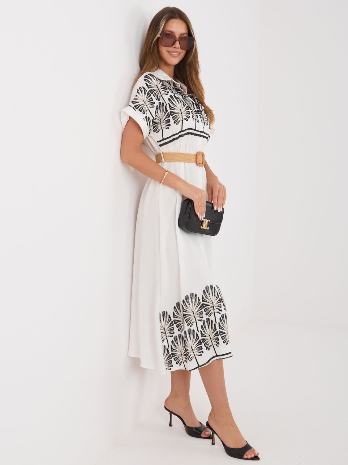 Rochie midi cămașă alb-negru cu broderie și curea