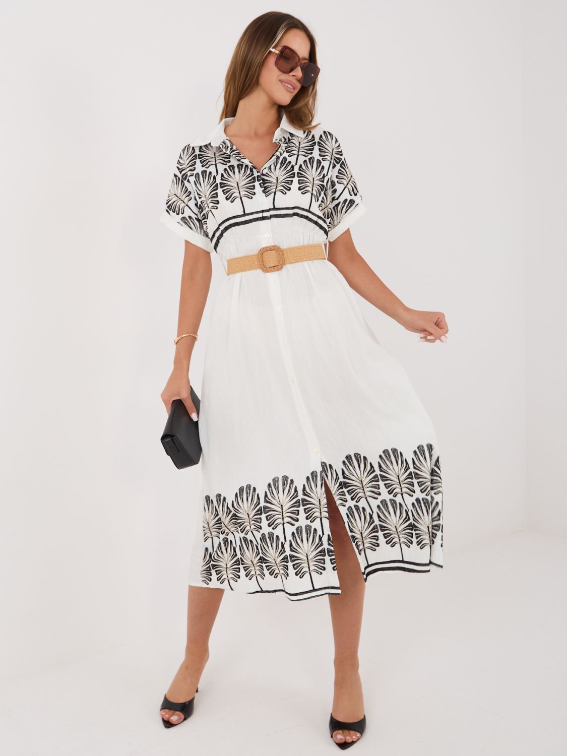 Rochie midi cămașă alb-negru cu broderie și curea