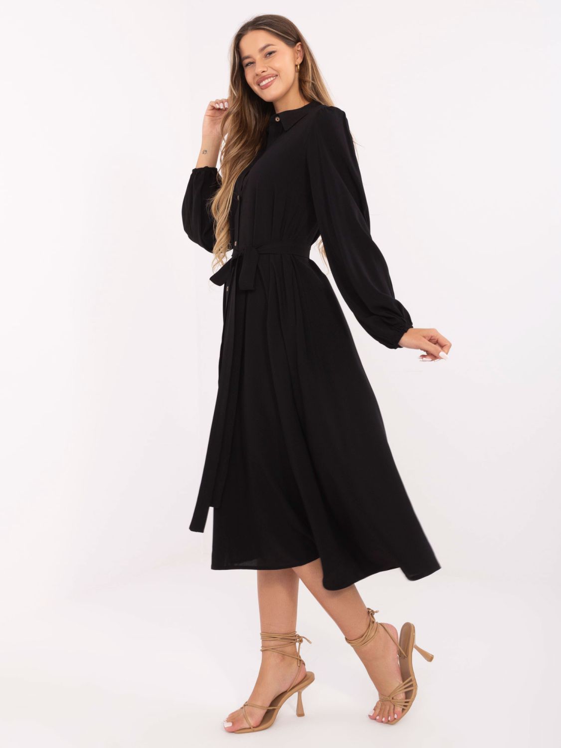Rochie midi elegantă neagră cu mâneci lungi