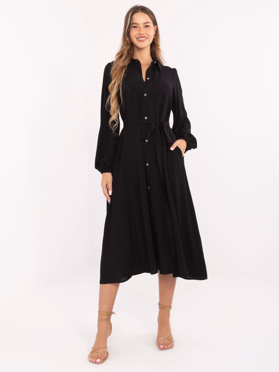 Rochie midi elegantă neagră cu mâneci lungi