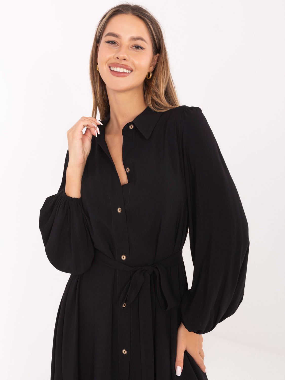 Rochie midi elegantă neagră cu mâneci lungi