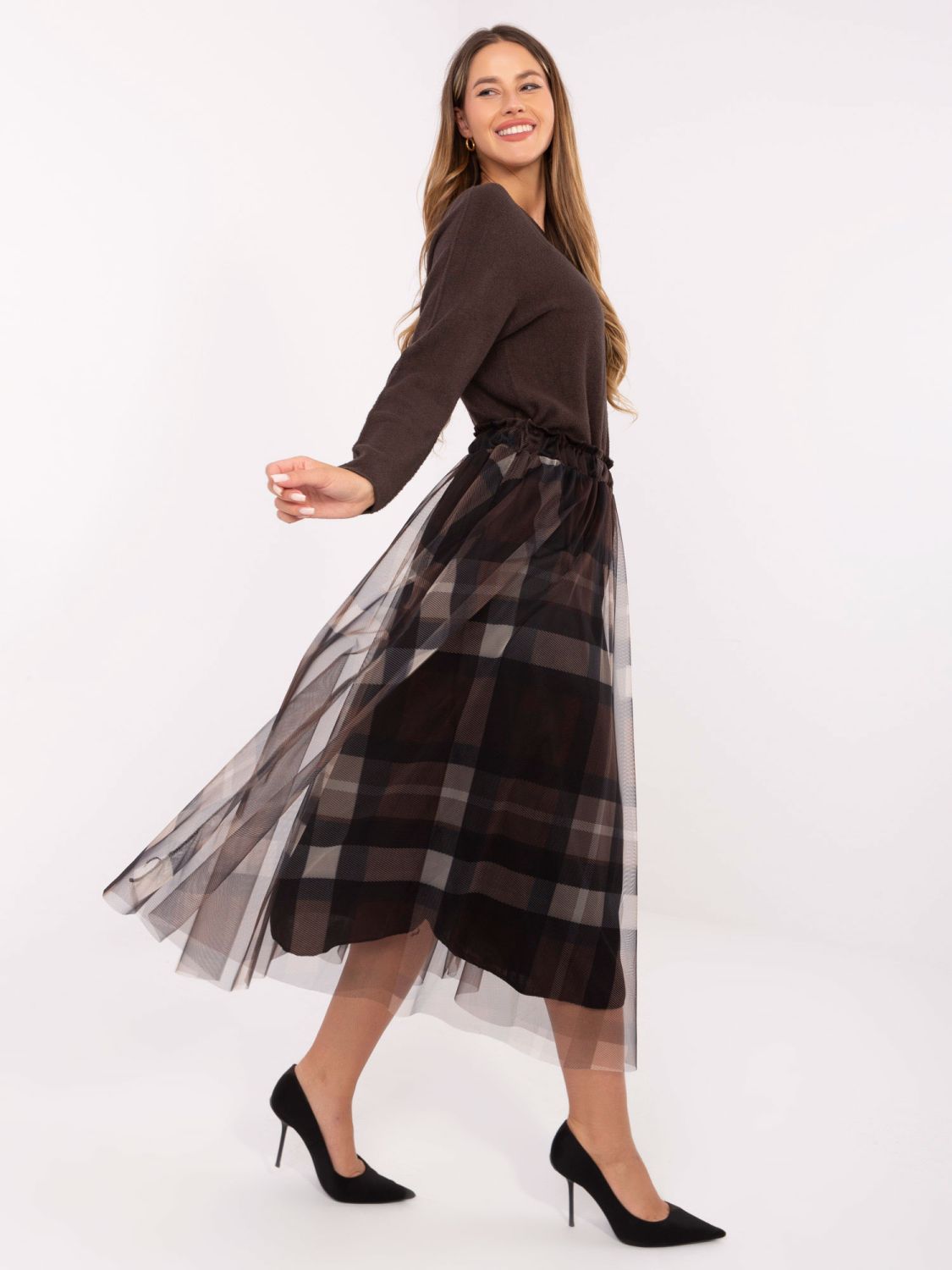 Fustă midi elegantă negru-maro cu model în carouri