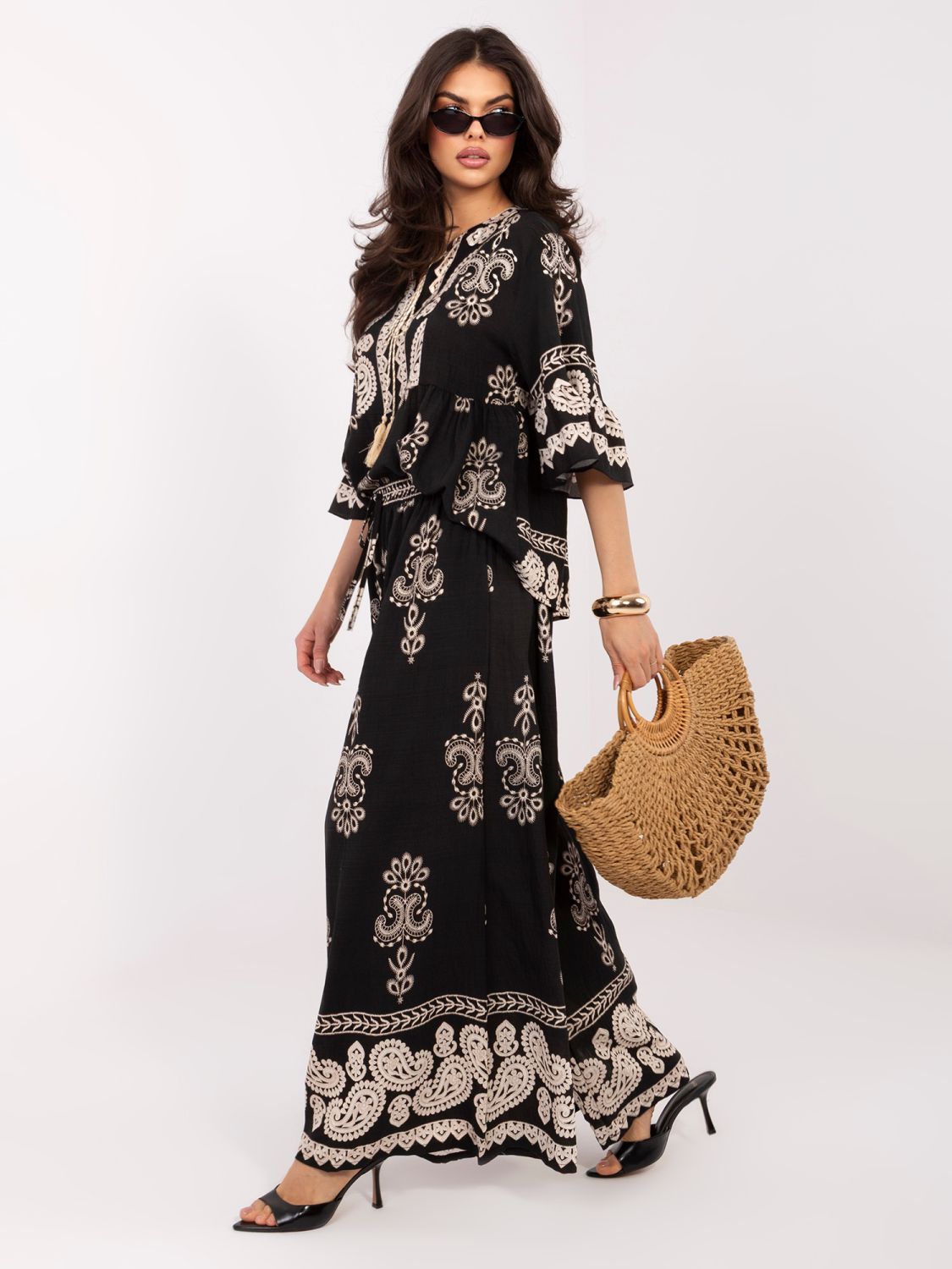 Set damă cu imprimeu și șnur, negru