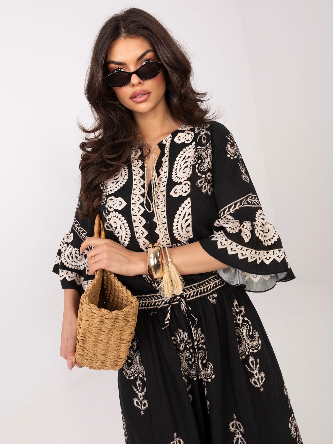 Set damă cu imprimeu și șnur, negru