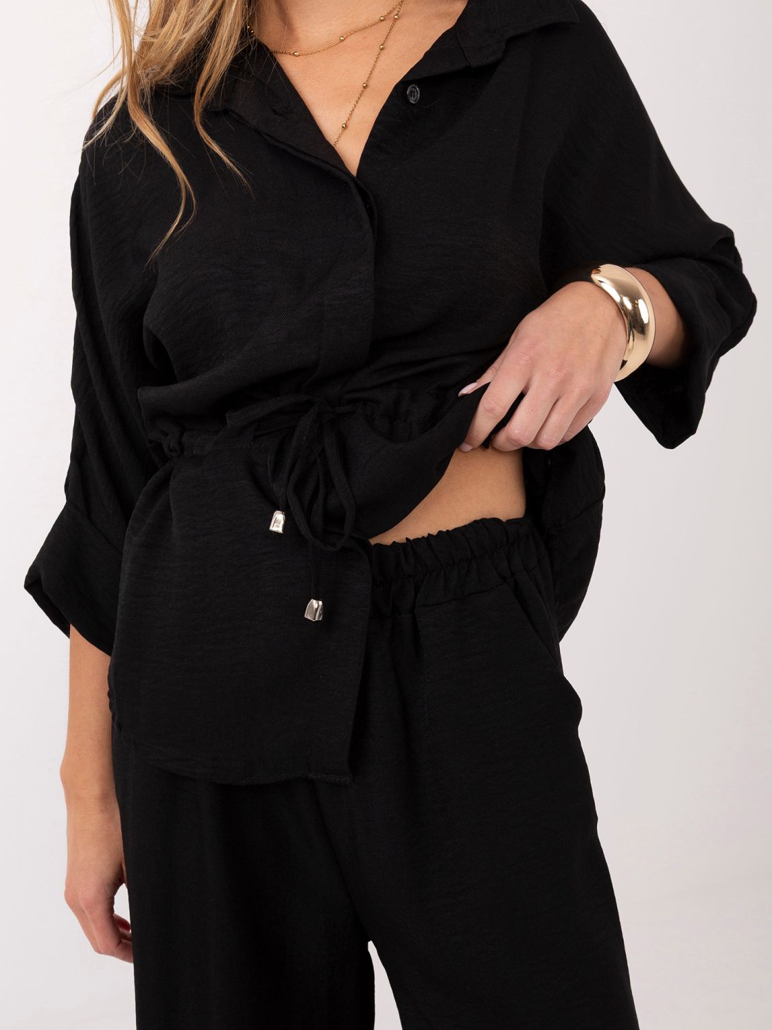 Set elegant negru cu cămașă și pantaloni largi