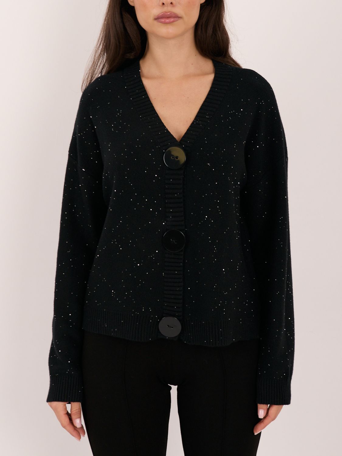 Pulover elegant negru cu paiete și nasturi