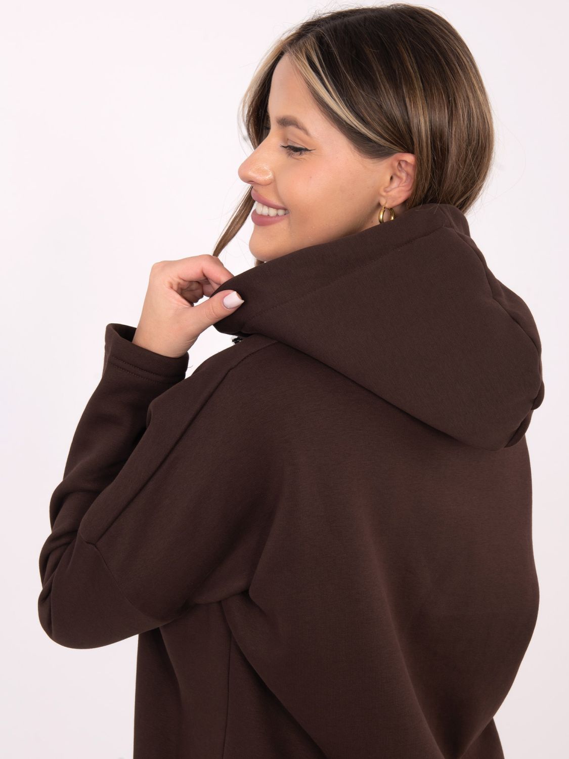 Hanorac lung maro cu glugă și fermoar