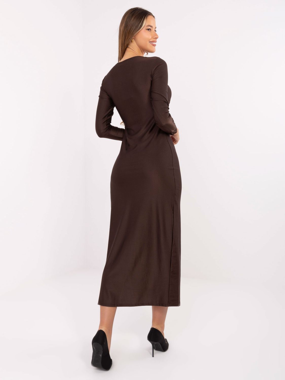 Rochie elegantă midi tip creion cu mâneci lungi, maro