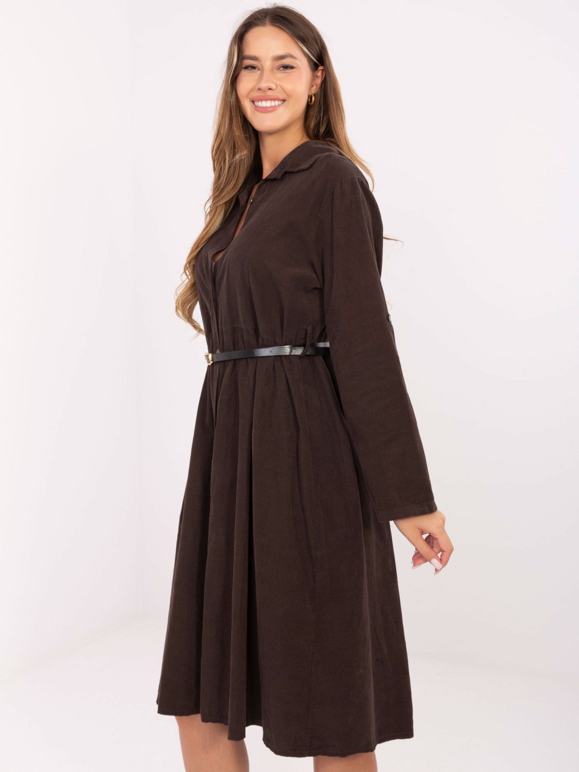 Rochie cămașă midi maro cu curea
