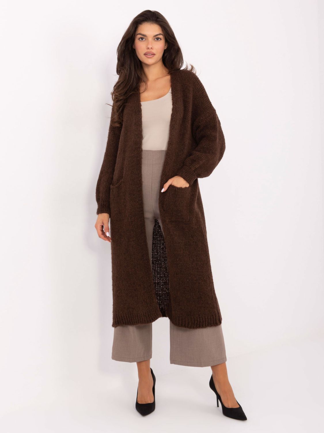 Cardigan lung maro cu buzunare
