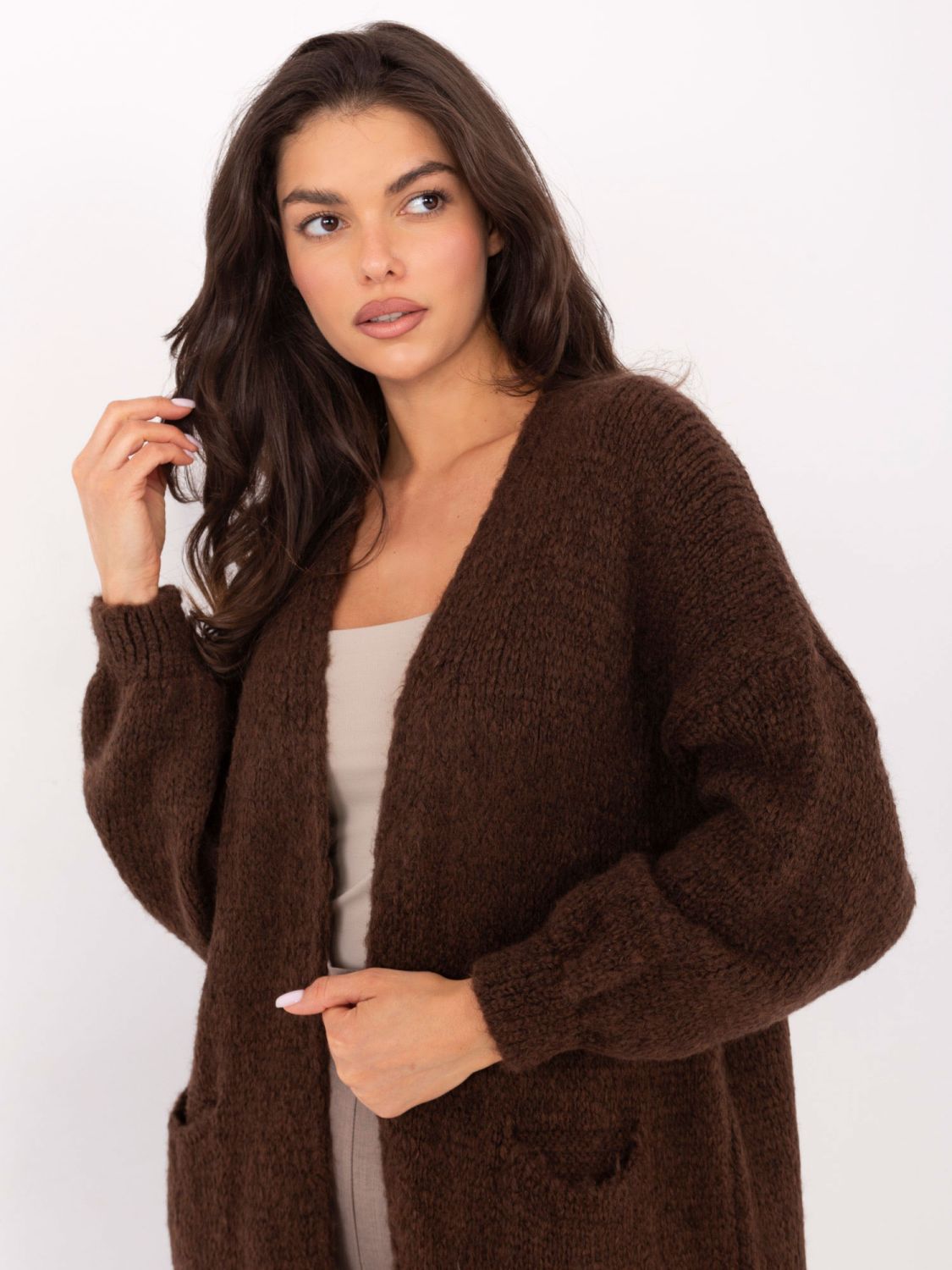 Cardigan lung maro cu buzunare