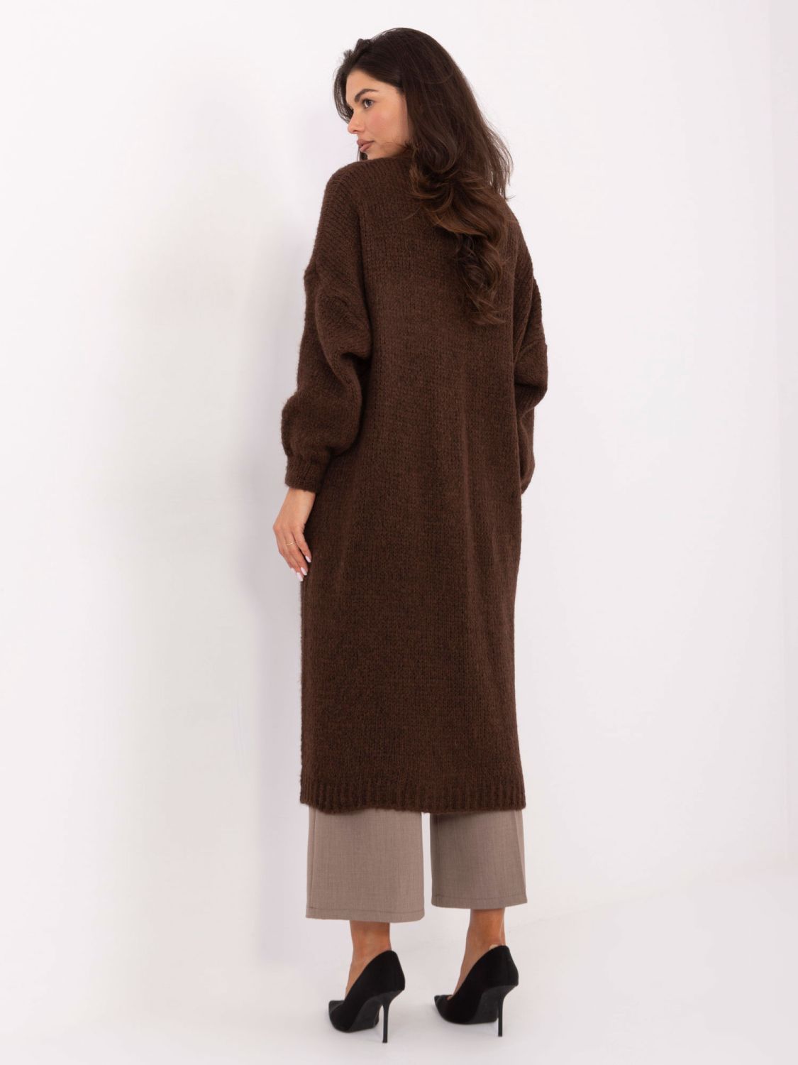 Cardigan lung maro cu buzunare