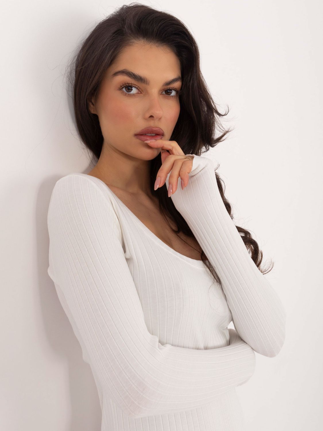 Body din bumbac ribat cu mâneci lungi, culoare ecru