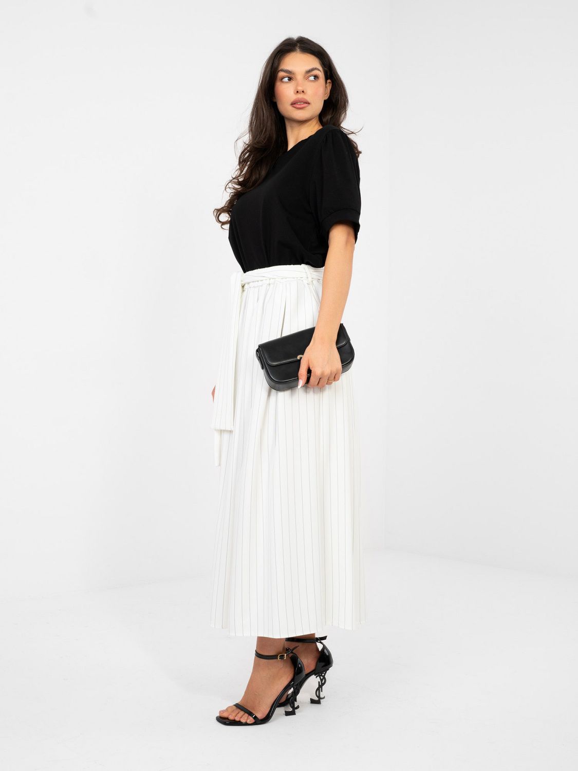 Fustă midi elegantă cu curea și dungi, ecru