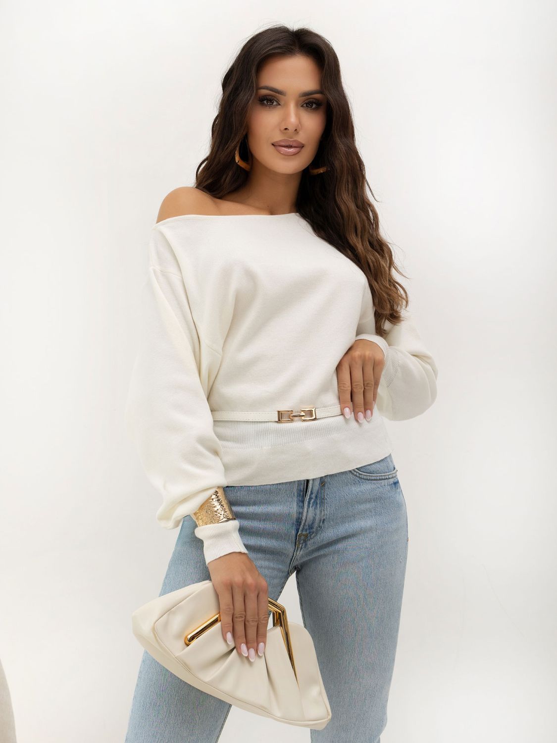 Pulover elegant ecru cu curea