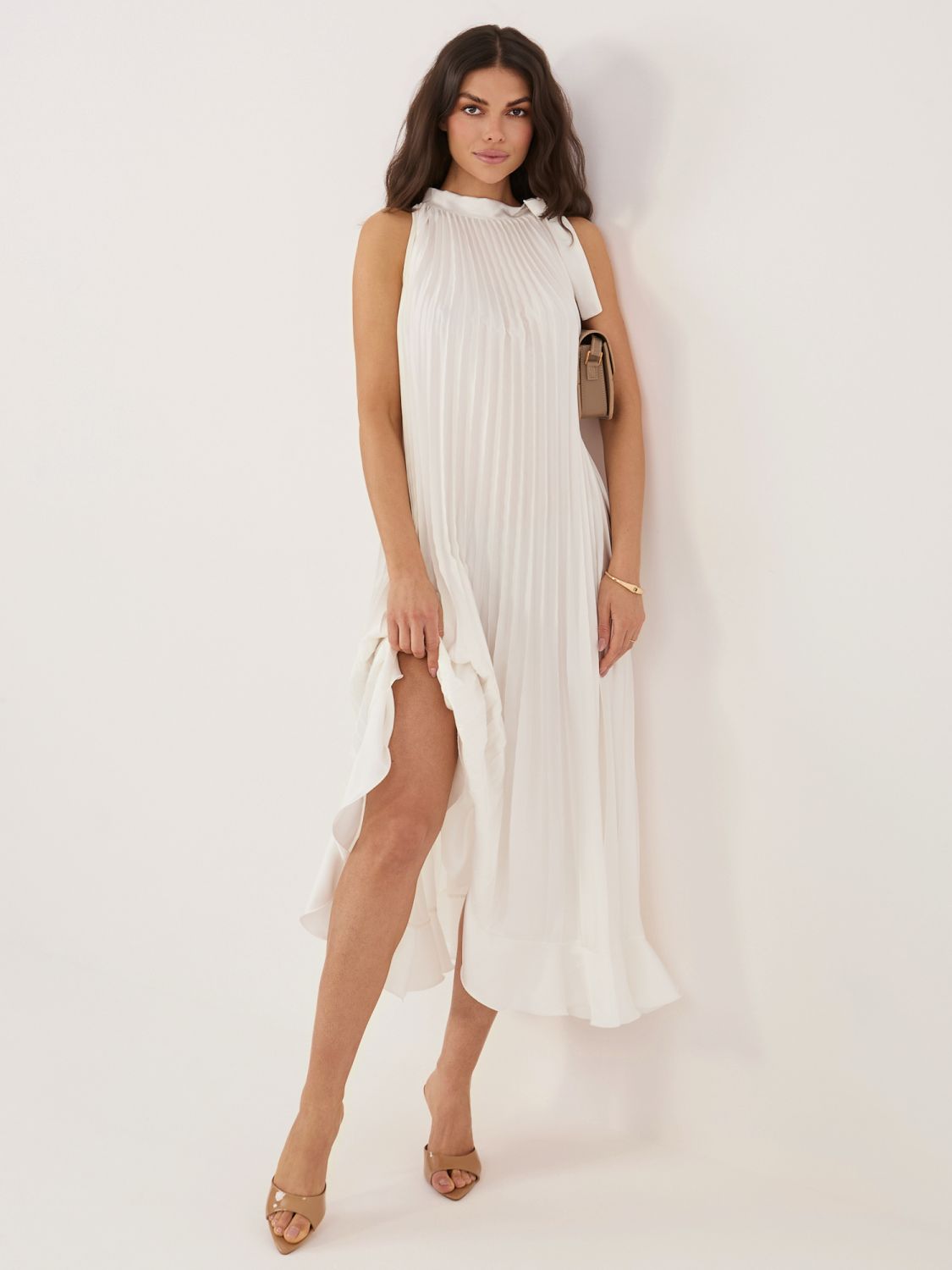 Rochie midi elegantă cu volan și cordon, ecru