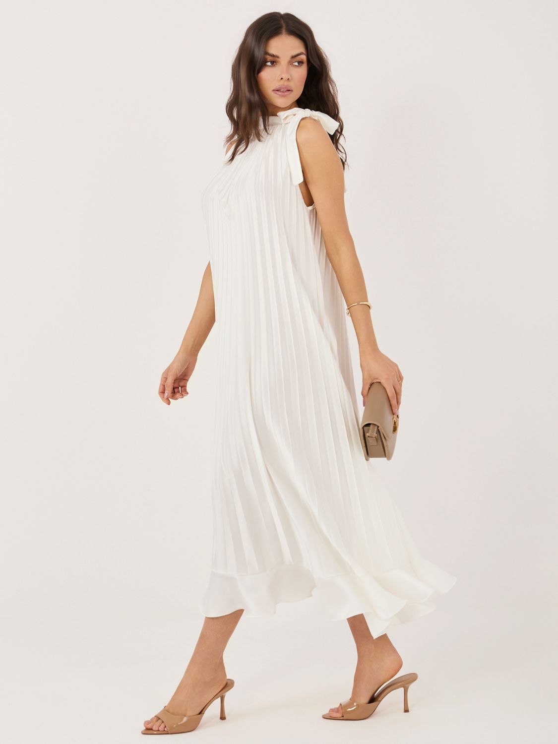 Rochie midi elegantă cu volan și cordon, ecru