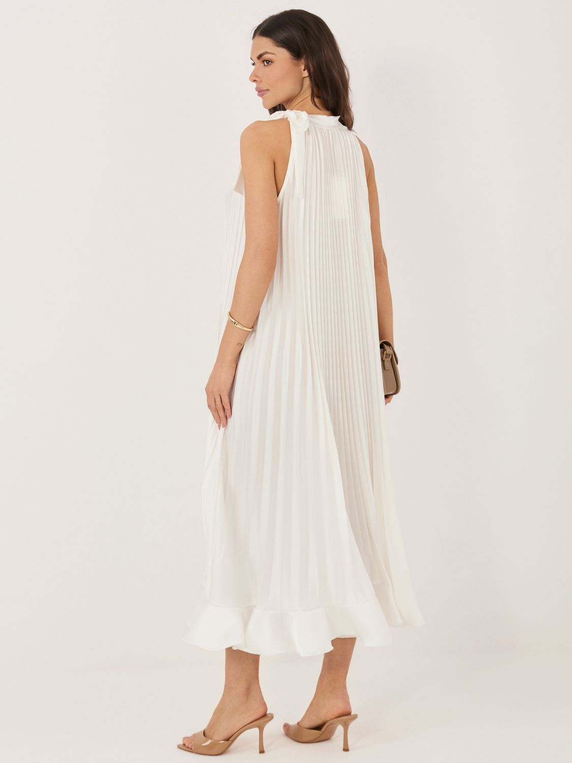 Rochie midi elegantă cu volan și cordon, ecru