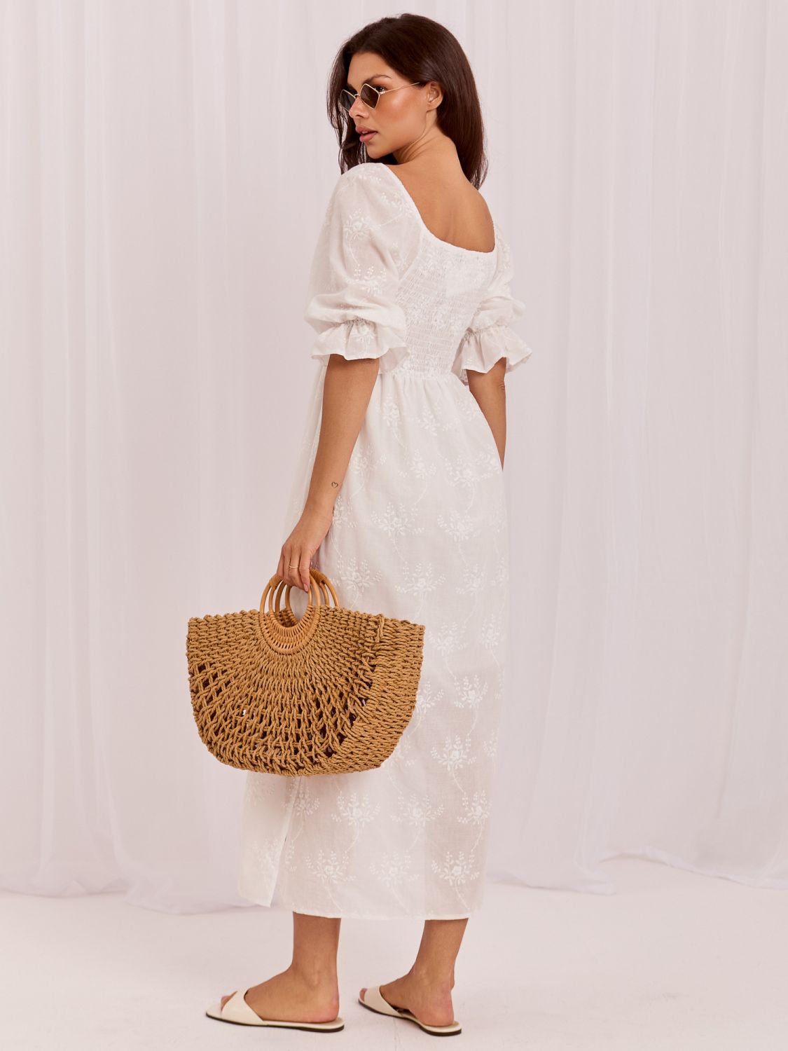 Rochie midi din bumbac cu broderie și mâneci 3/4