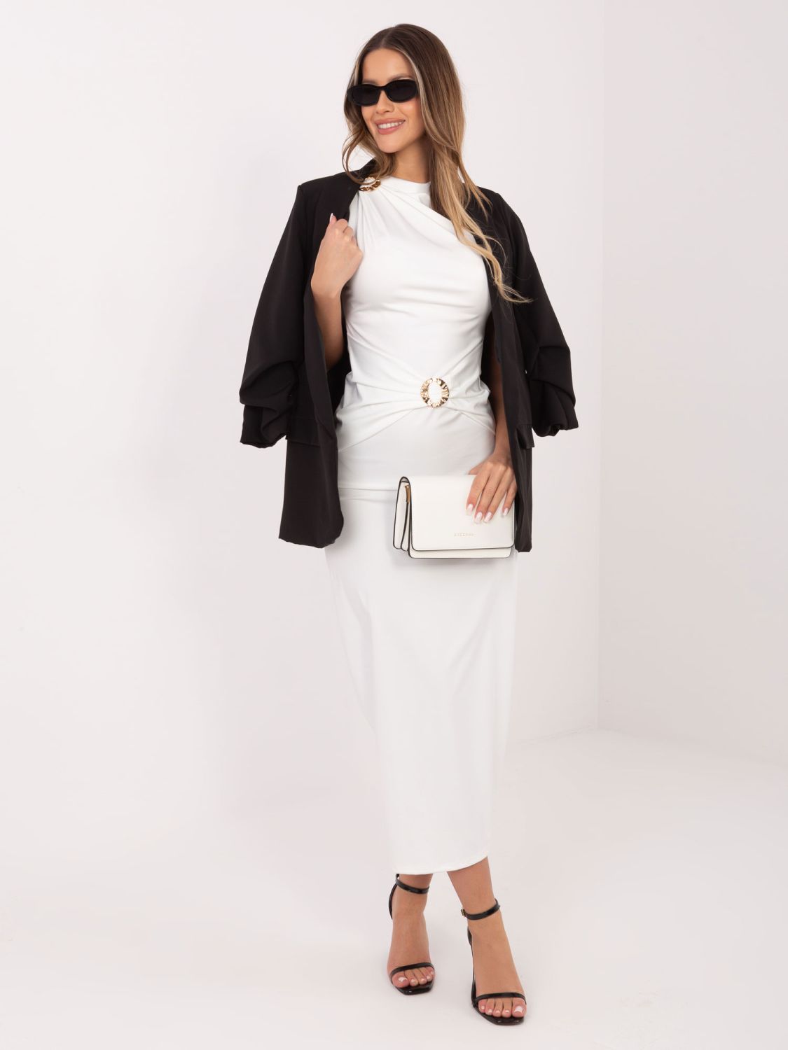 Rochie midi elegantă cu decolteu tip cascadă, ecru