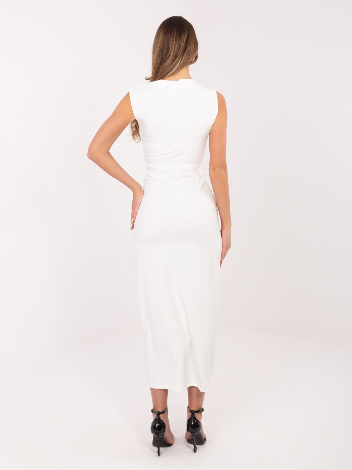 Rochie midi elegantă cu decolteu tip cascadă, ecru