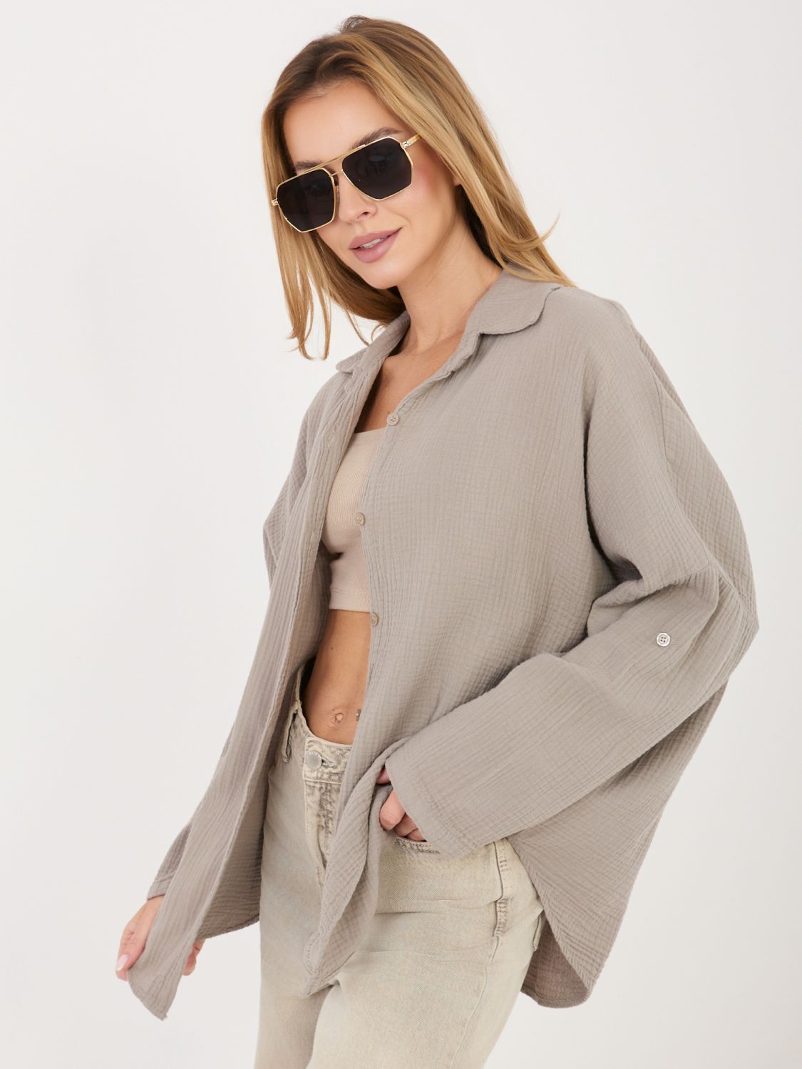 Cămașă bej din bumbac cu guler clasic