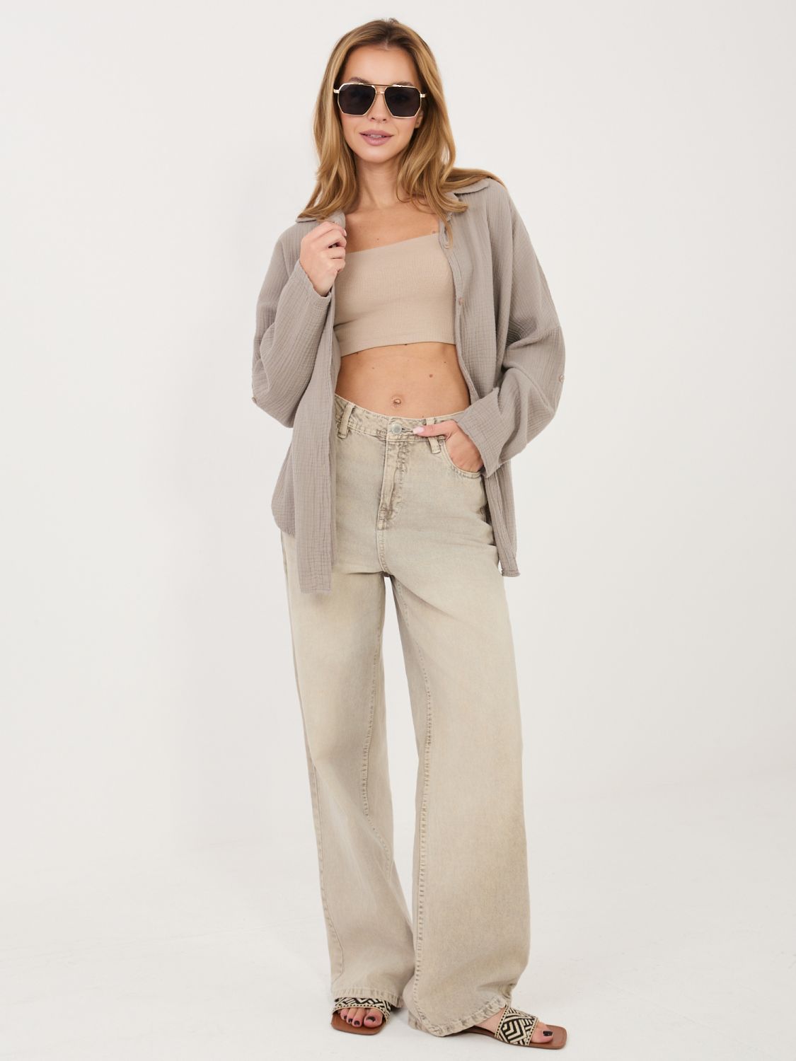 Cămașă bej din bumbac cu guler clasic