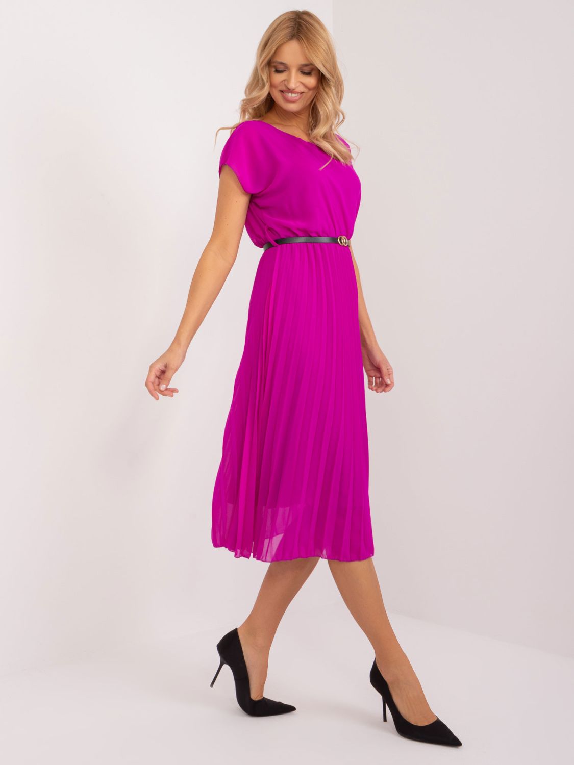 Rochie midi plisată mov cu curea