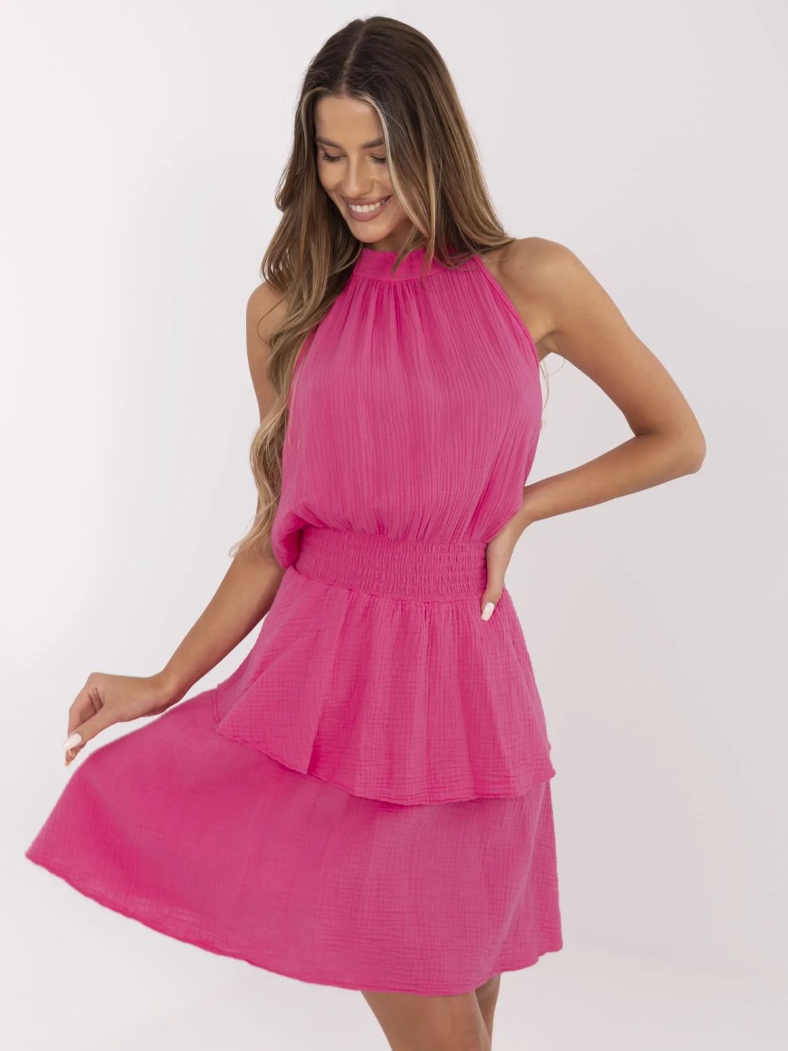 Rochie roz fluture cu volane