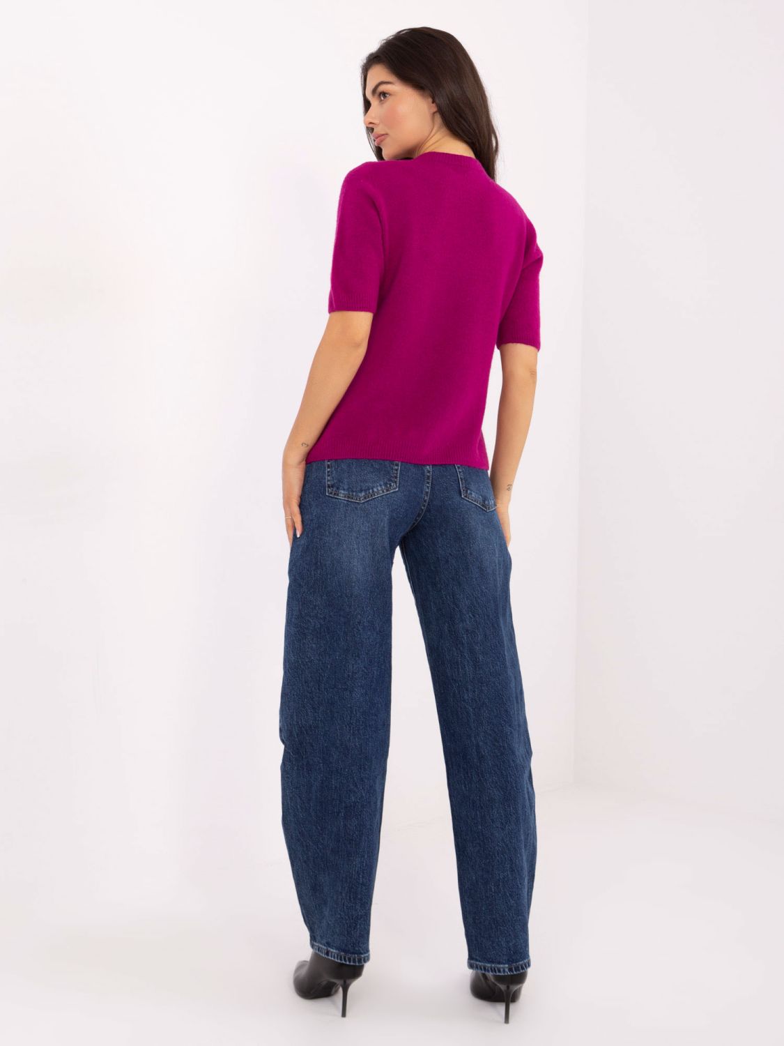 Pulover tricotat fucsia cu mânecă scurtă