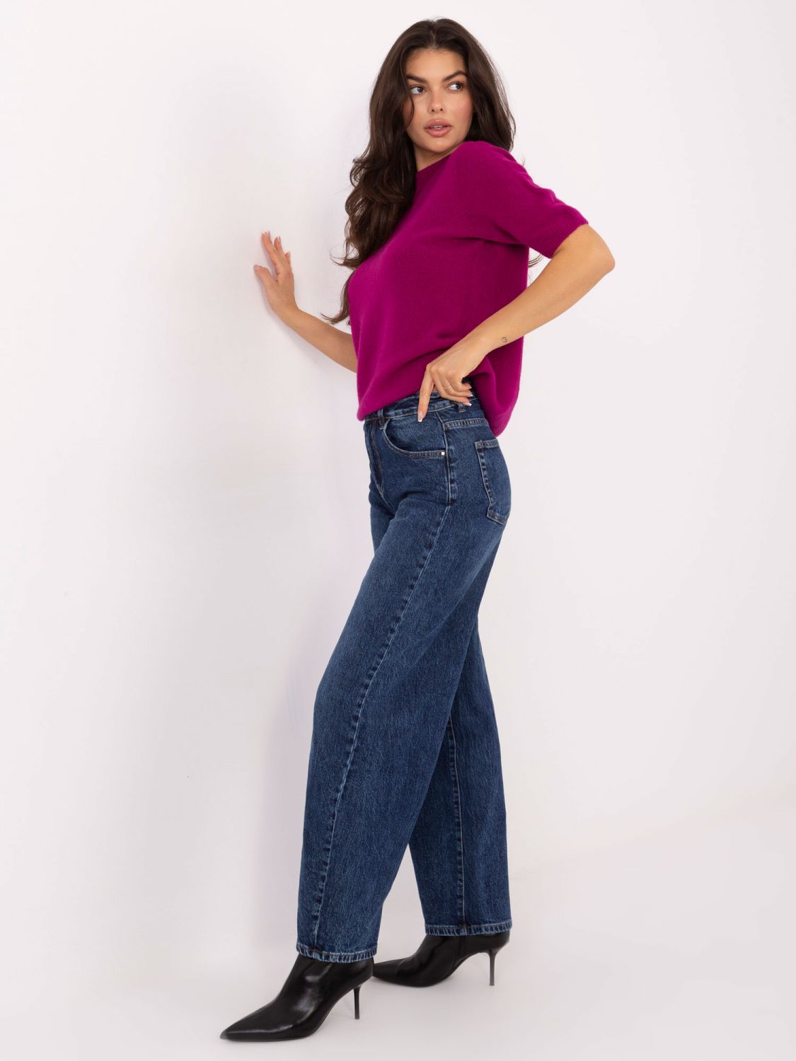 Pulover tricotat fucsia cu mânecă scurtă