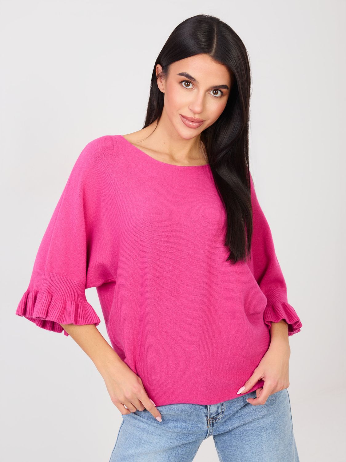 Pulover elegant fucsia cu volan și mâneci 3/4