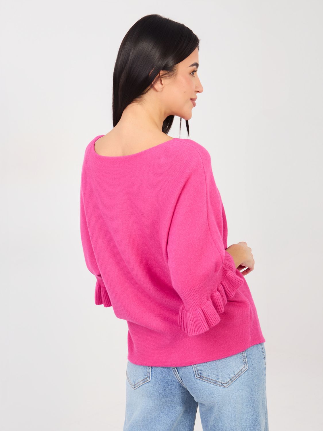Pulover elegant fucsia cu volan și mâneci 3/4