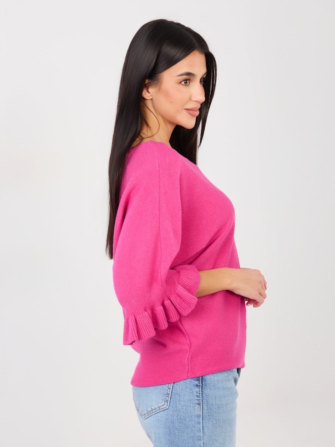 Pulover elegant fucsia cu volan și mâneci 3/4