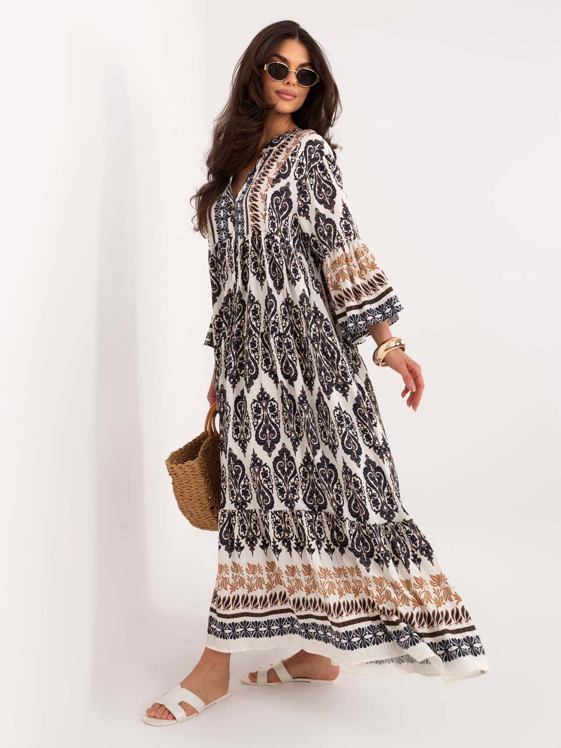 Rochie maxi oversize cu imprimeu și mâneci 3/4