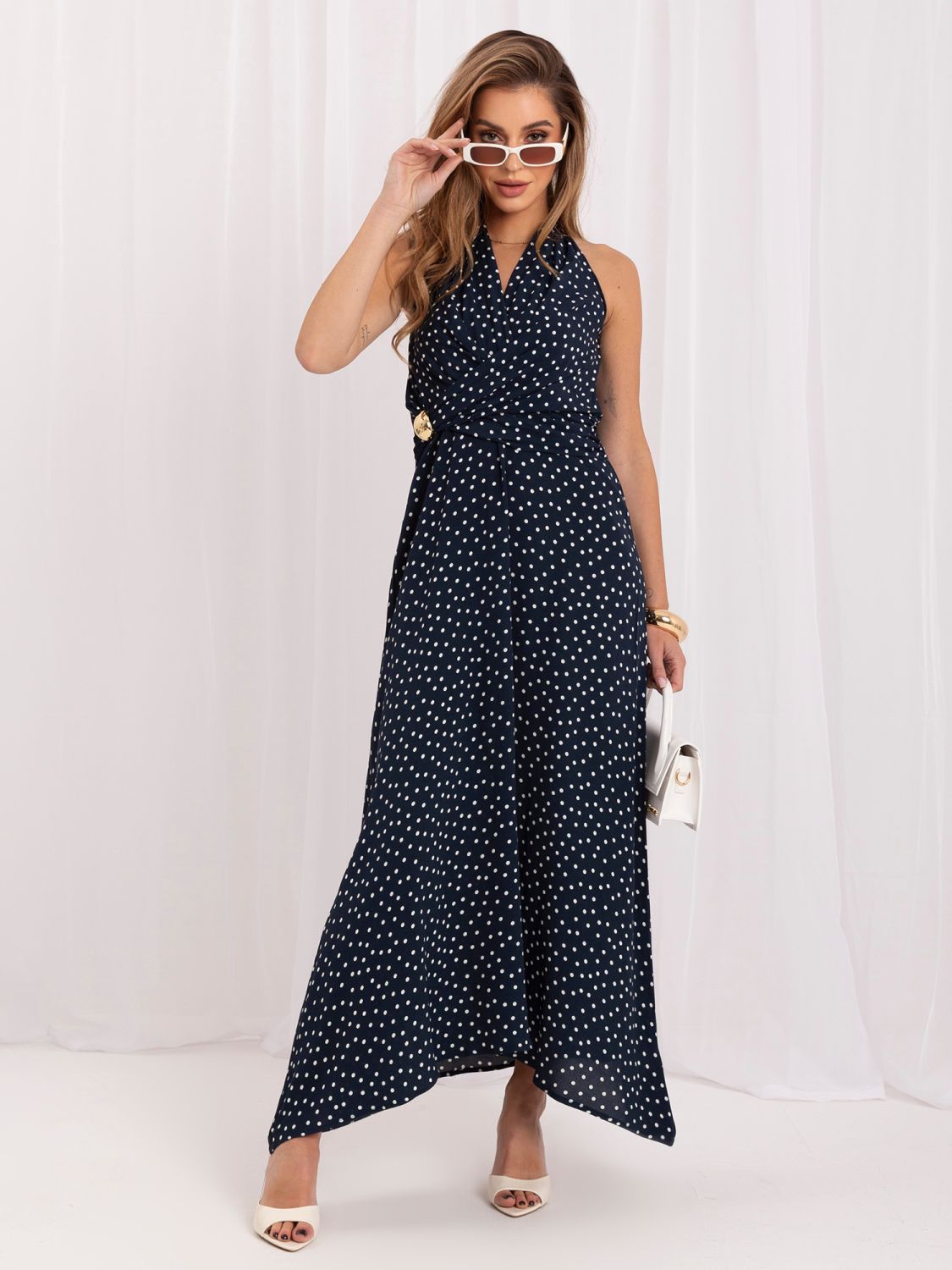 Rochie maxi cu buline și șnur decorativ