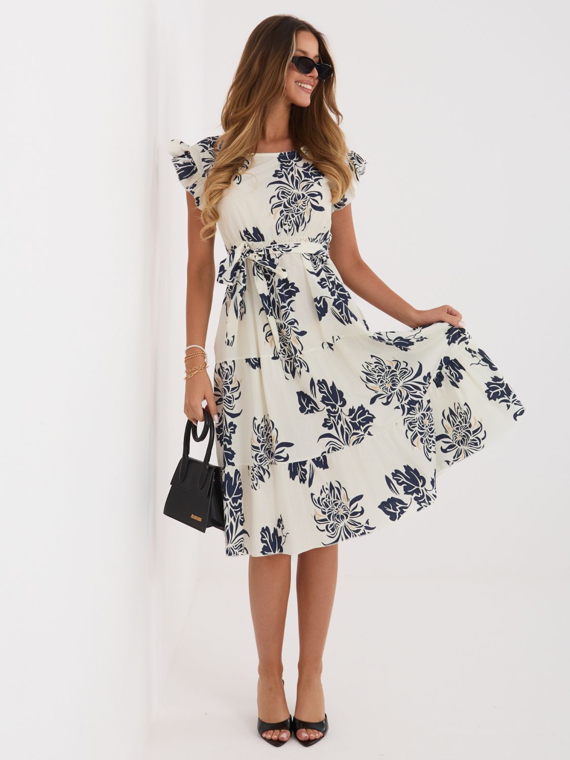 Rochie midi bleumarin cu imprimeu și curea