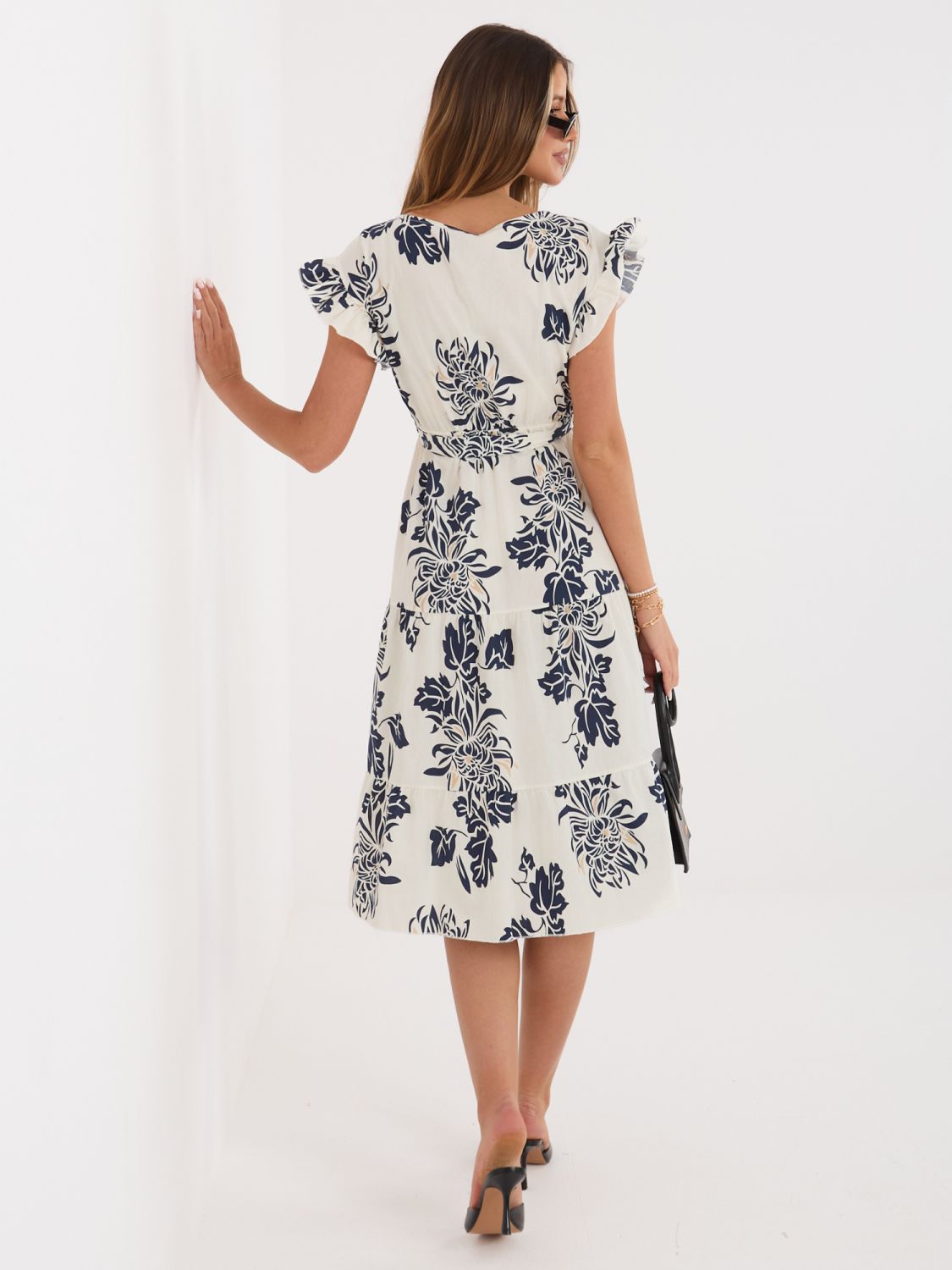 Rochie midi bleumarin cu imprimeu și curea