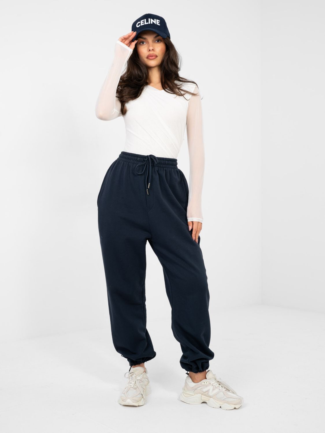 Pantaloni jogger bleumarin cu talie înaltă